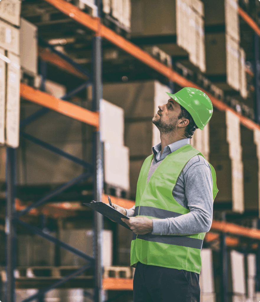 Laserlogix 3PL warehouse staff inspecting pallet racks — illustrating third-party logistics, warehousing, and order fulfillment operations.