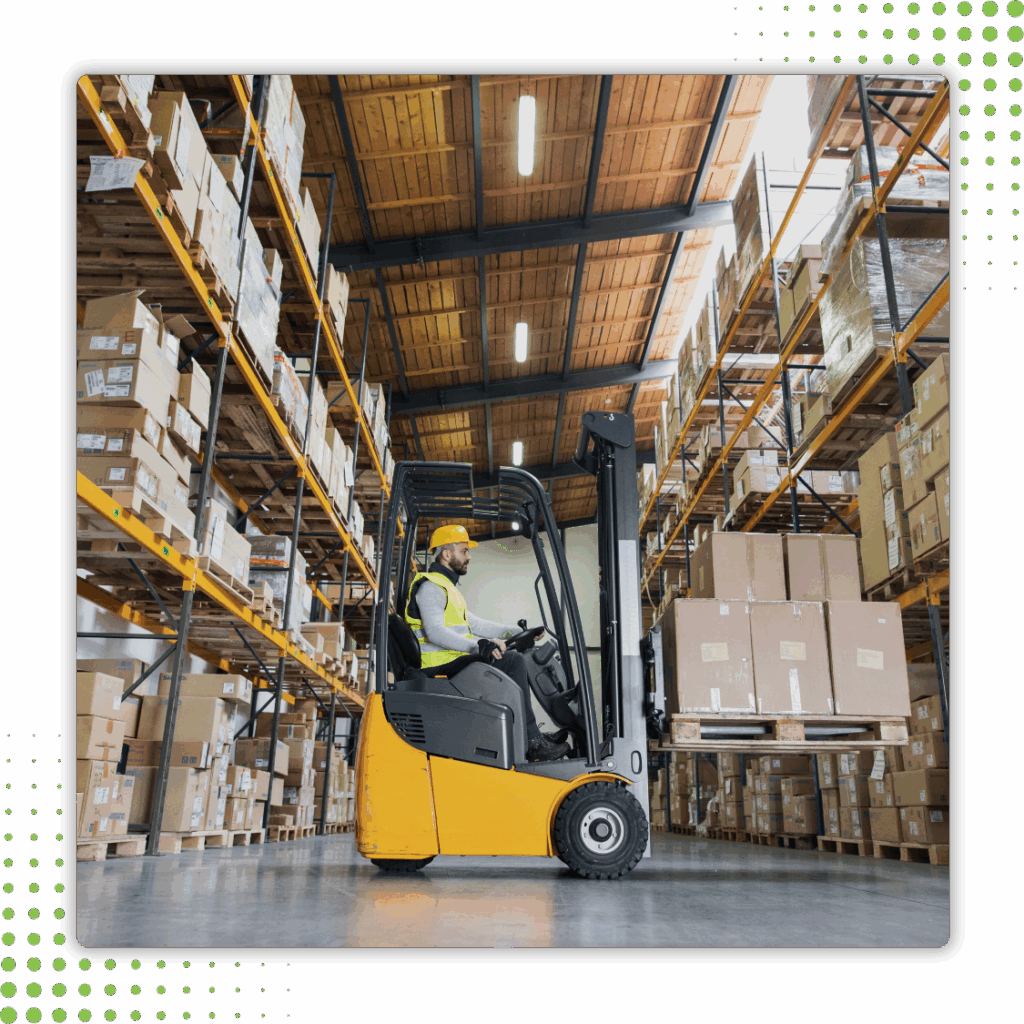 Laserlogix 3PL warehouse operations with forklift driver moving pallets — representing hands-on e-commerce fulfillment experience and brand growth.